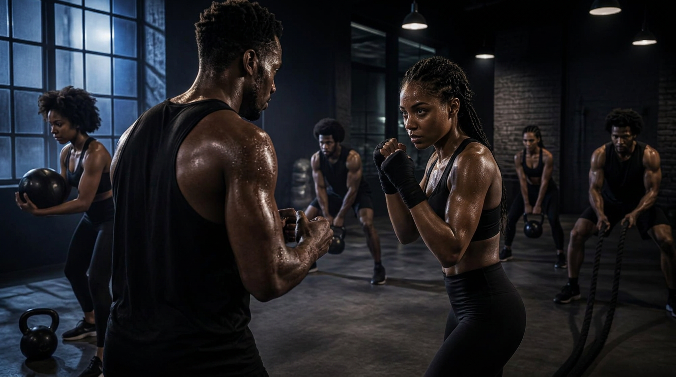 A coach-led boxing class training under dramatic studio lights